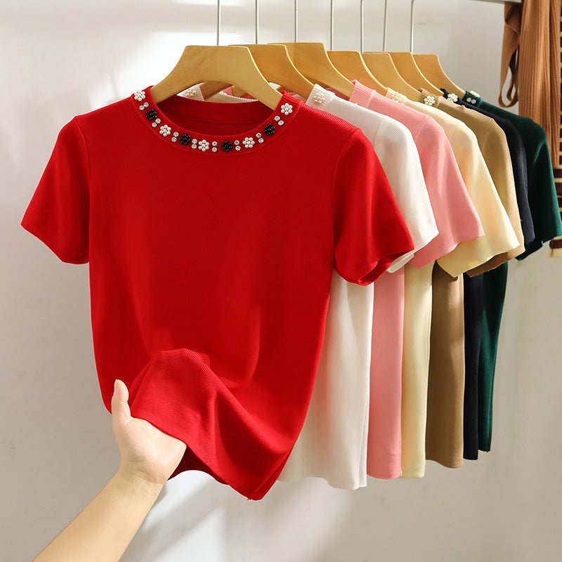 Round Neck Heavy Industry Ice Silk Short Sleeve T-shirt Female Spring And Summer Elegant Knitwear