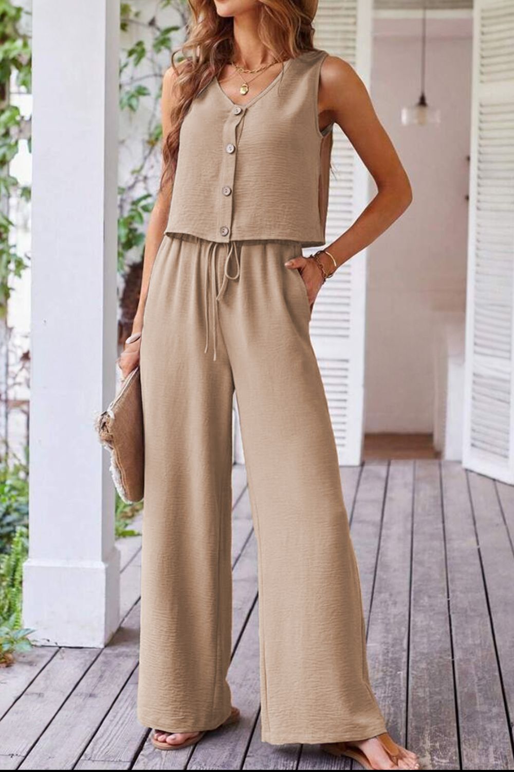 Button Down Vest and Drawstring Wide Leg Pants Set - Securing Secrets Boutique LLC