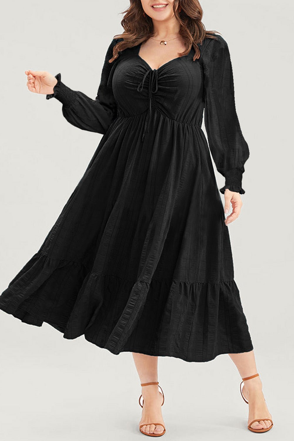 Pink Lace-up Ruched Front Long Sleeve Ruffle Hem Plus Size Midi Dress