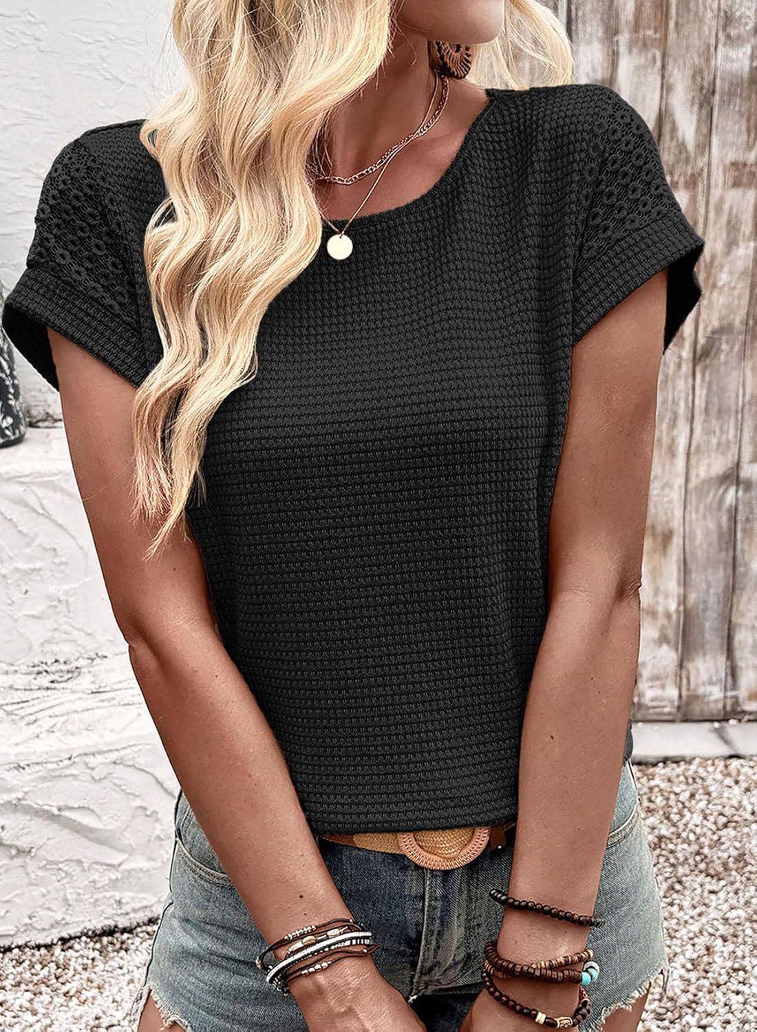 Women's Round-neck Waffle Knit Lace Cutout Short-sleeved Shirt