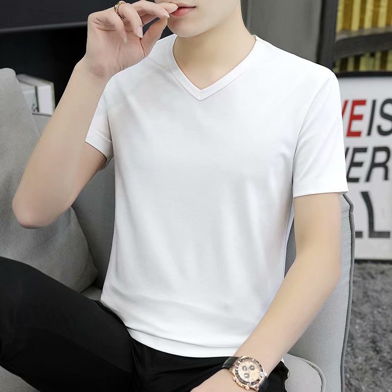 Mens Short-Sleeve V-Neck T-Shirt Summer Slim-Fit White All-Match Tee