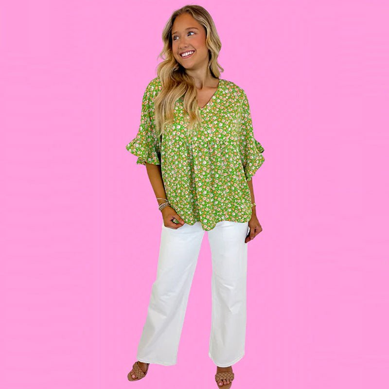 Early Spring New Floral Printed V-neck Pullover Women Loose Lotus Leaf