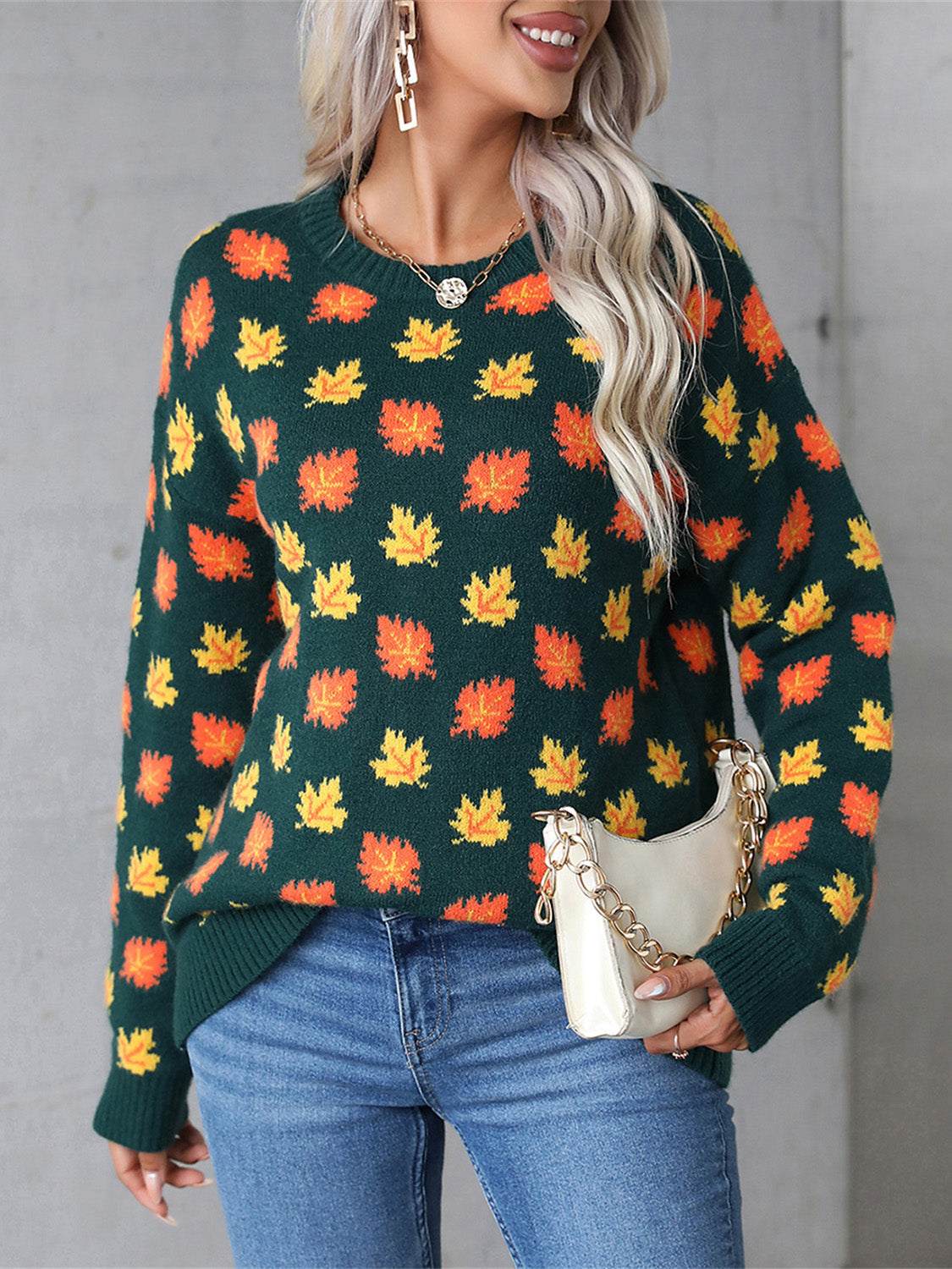 Angel Wings Maple Leaf Round Neck Long Sleeve Sweater with colorful leaf pattern, casual fit.