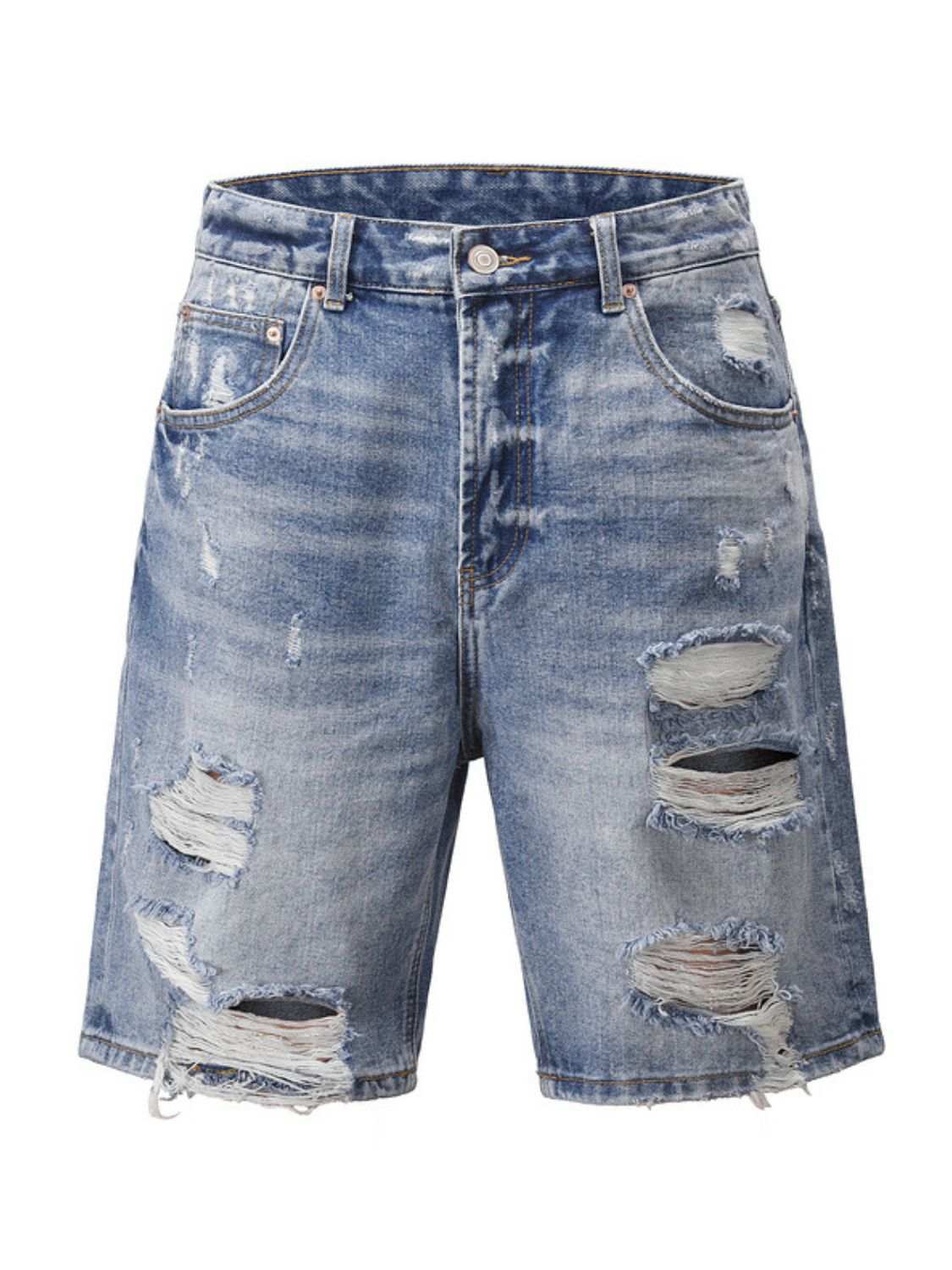 Men's distressed denim Bermuda shorts with ripped details, slightly stretchy cotton blend.