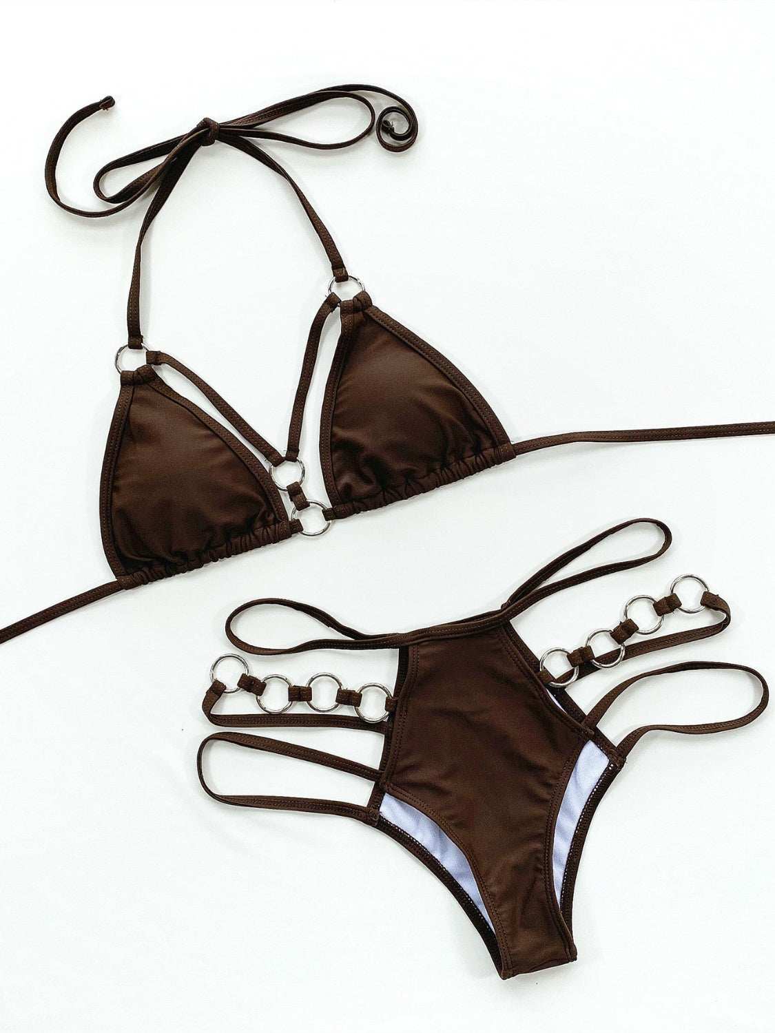 Cutout halter neck two-piece bikini set with removable padding, slightly stretchy nylon-spandex fabric.