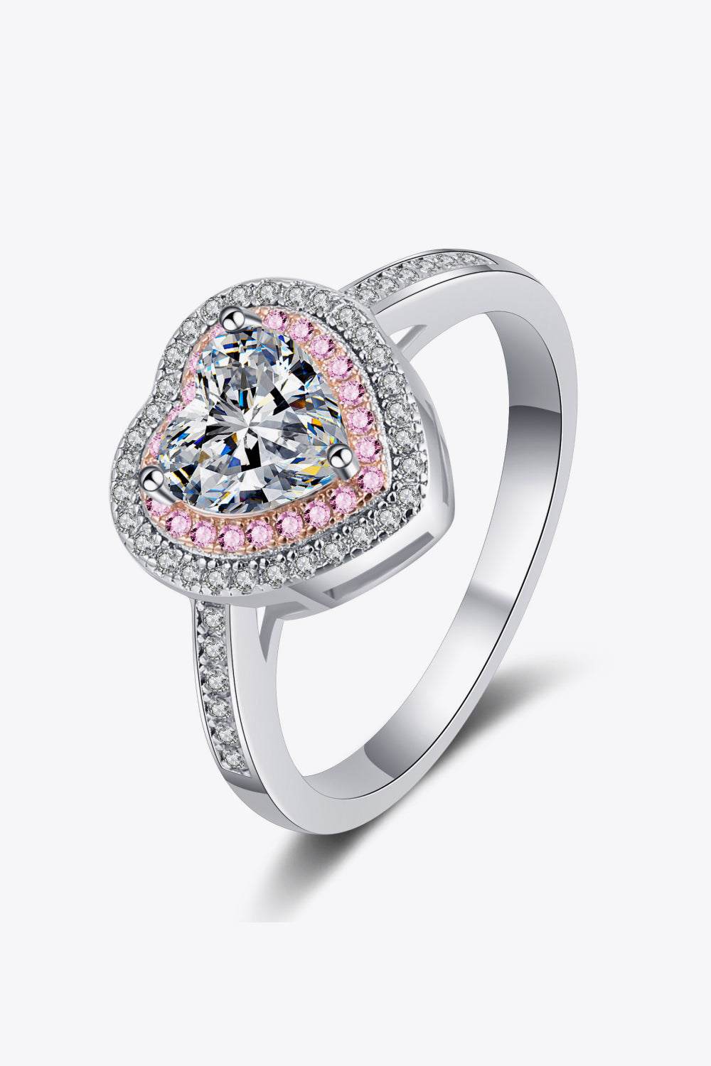 Heart-shaped 1 carat moissanite ring in 925 sterling silver with zircon accents.