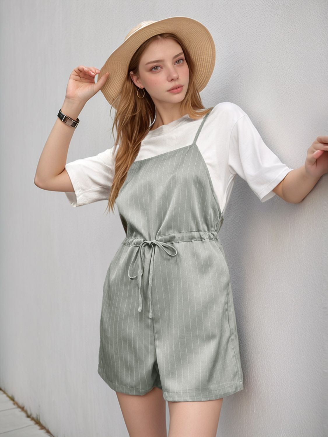 Perfee Drawstring Waist Striped Overalls with Pockets - Securing Secrets Boutique LLC