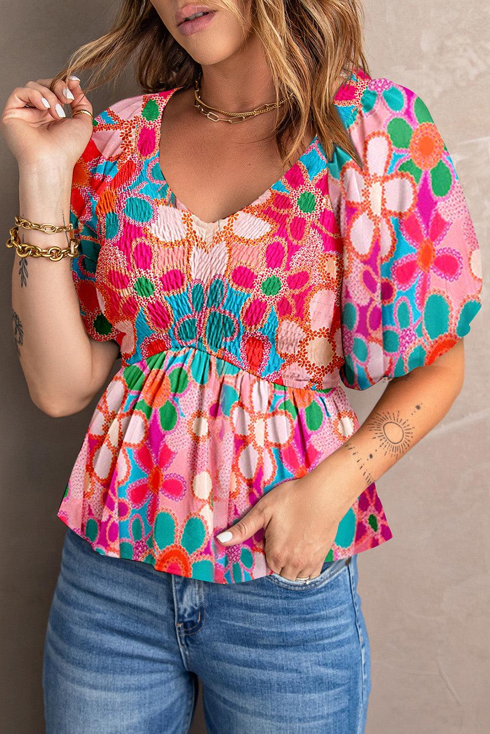 Multicolored printed V-neck babydoll blouse with puff half sleeves and smocked waist