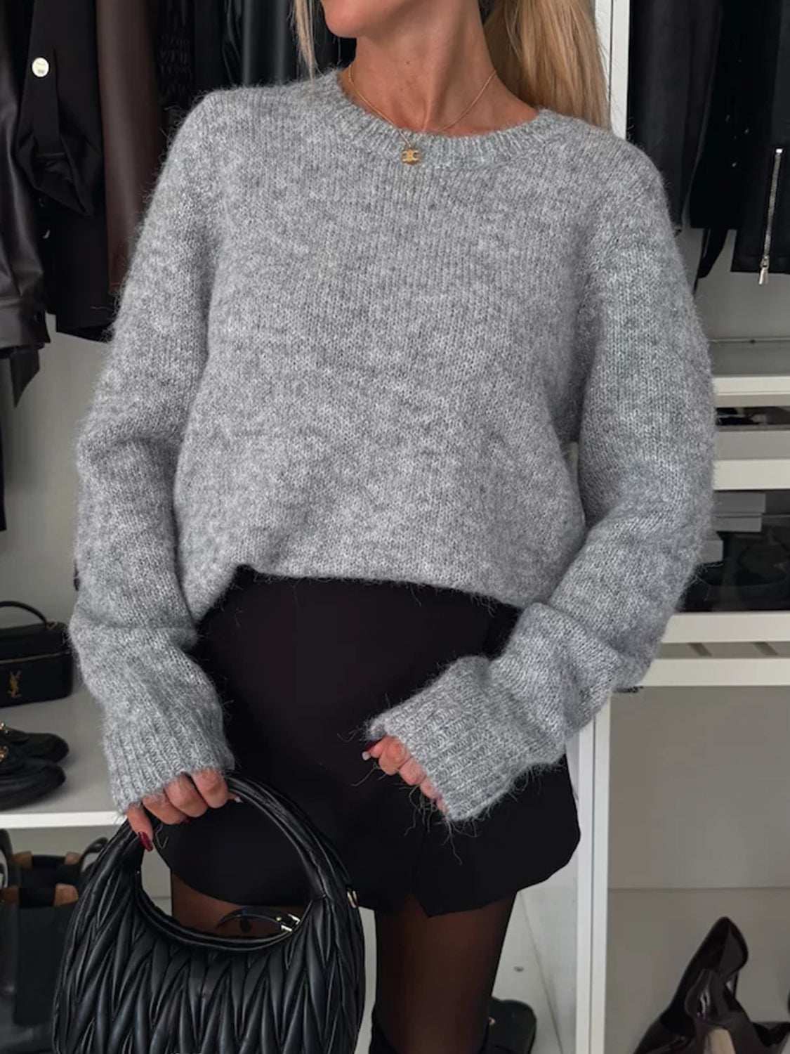 Bow slit back round neck sweater in gray, slightly stretchy acrylic, women's fashion.