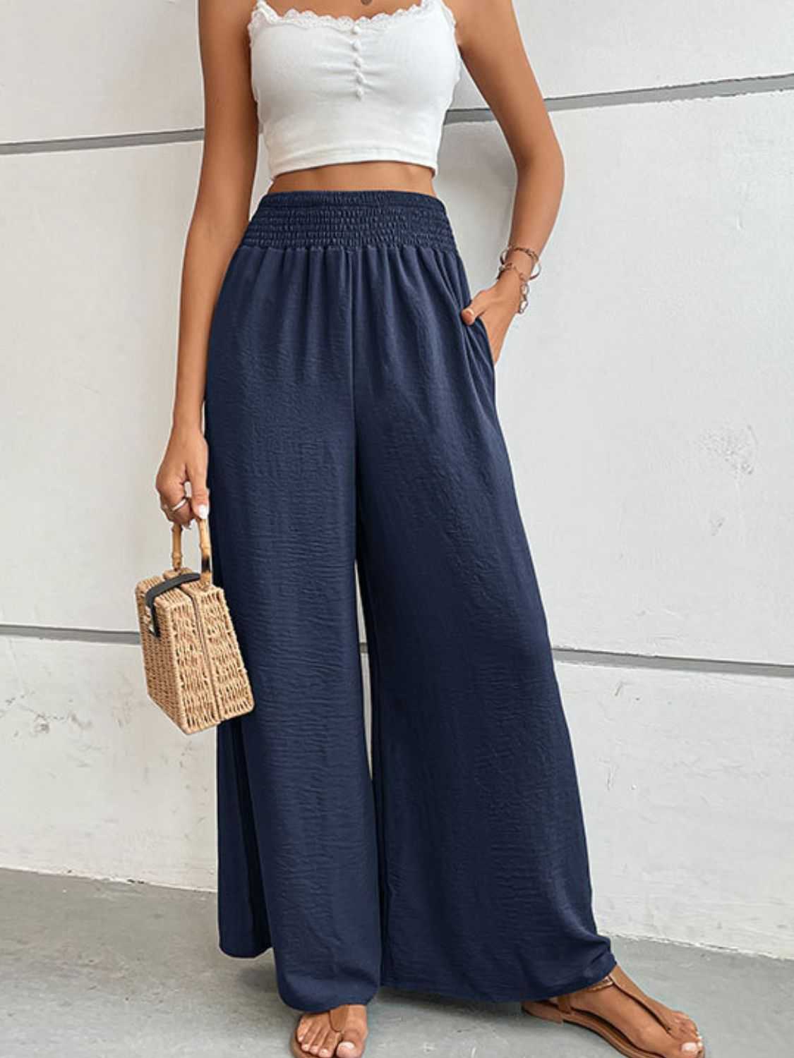Casual wide waistband relax fit long pants in navy blue.
