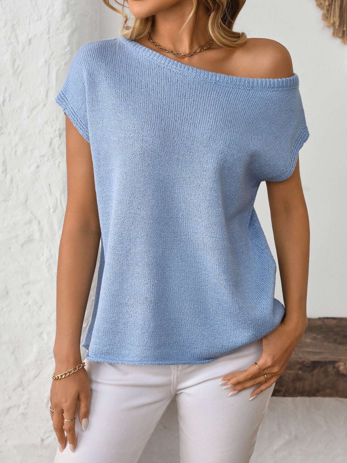 Mandy Boat Neck Short Sleeve Knit Top in blue with moderate stretch, styled for a casual look.