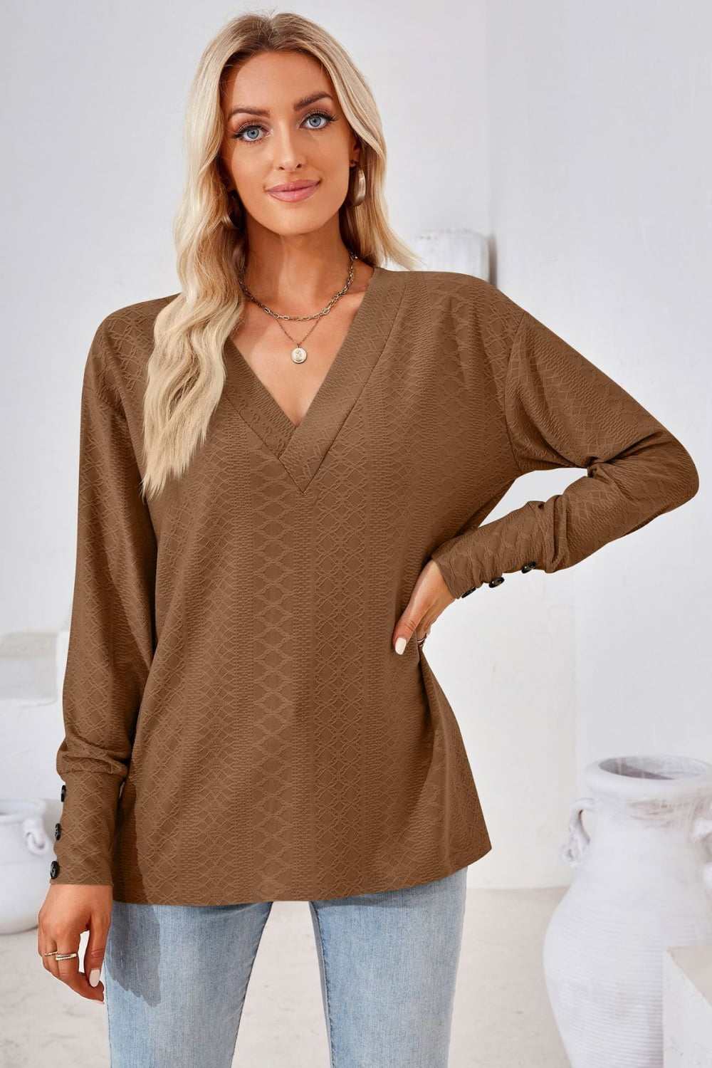 Women’s casual solid brown V-neck long sleeve blouse with regular fit and slight stretch