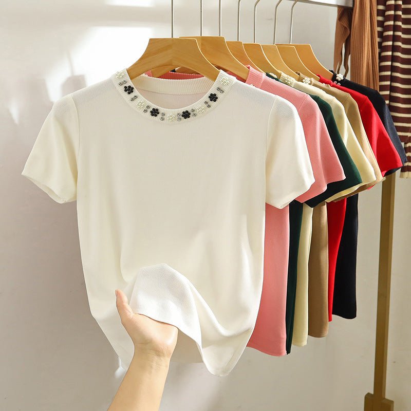 Round Neck Heavy Industry Ice Silk Short Sleeve T-shirt Female Spring And Summer Elegant Knitwear