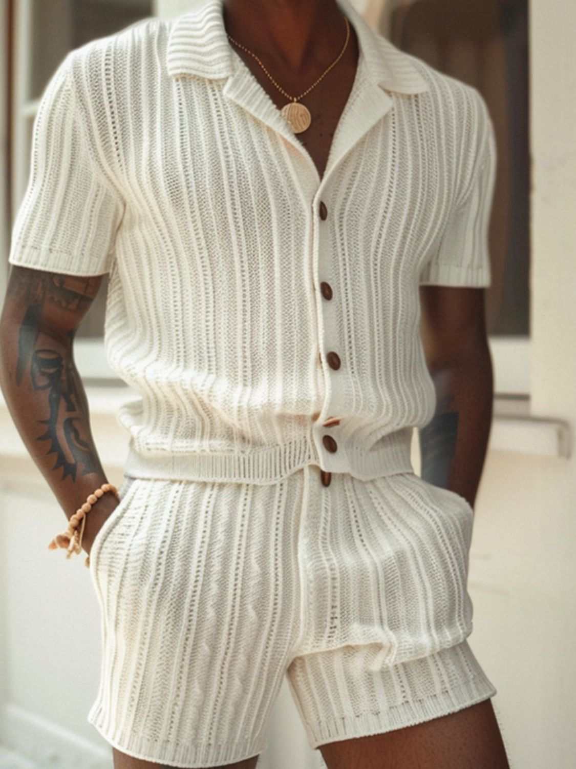 Men's plus size button-down short sleeve top and shorts set in white with pocket detail.