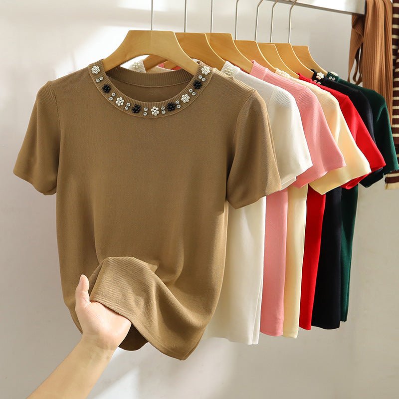 Round Neck Heavy Industry Ice Silk Short Sleeve T-shirt Female Spring And Summer Elegant Knitwear