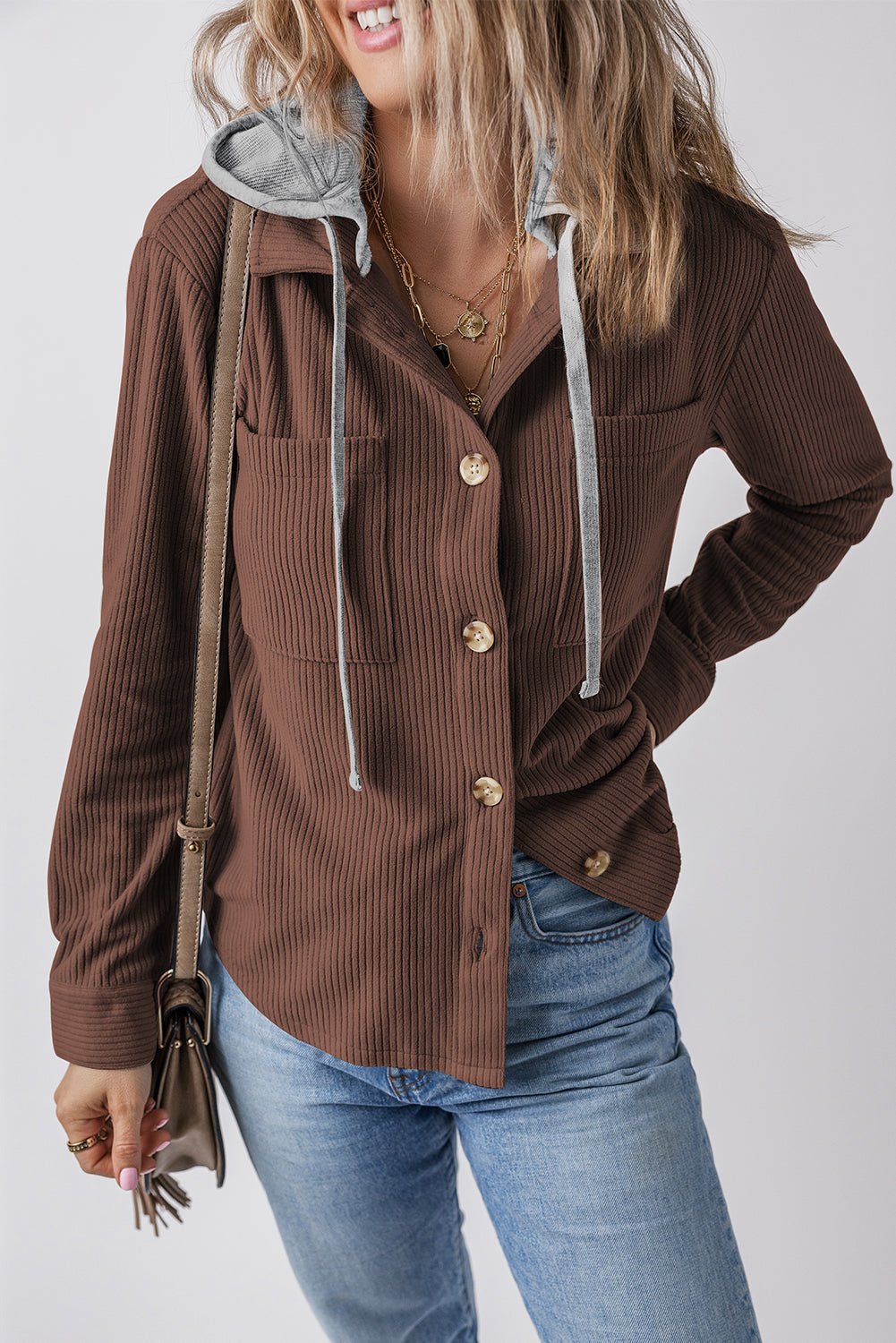 Black Hooded Drawstring Pockets Corduroy Shacket