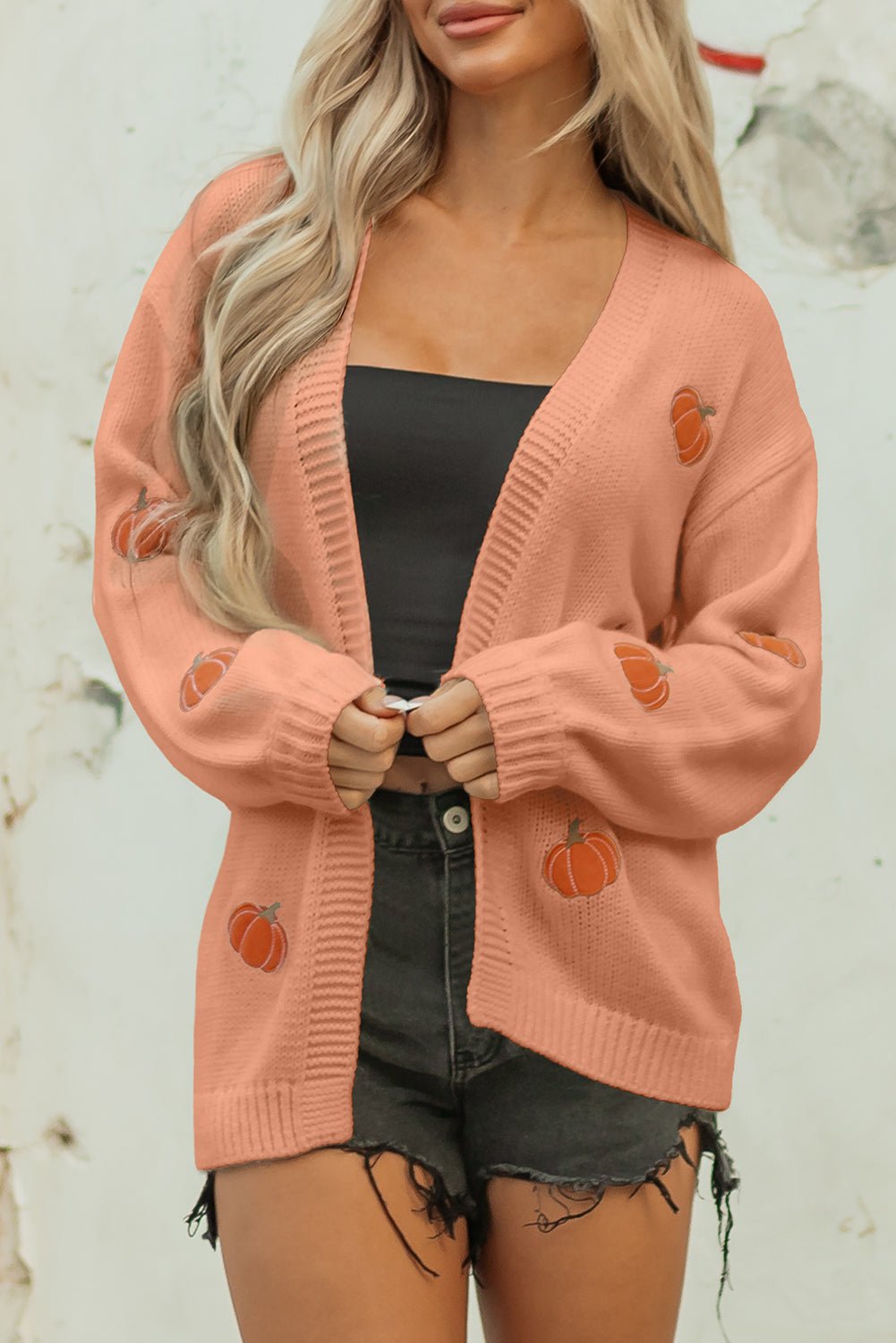 Straw Yellow Pumpkin Tree Print Open Front Drop Shoulder Midi Cardigan