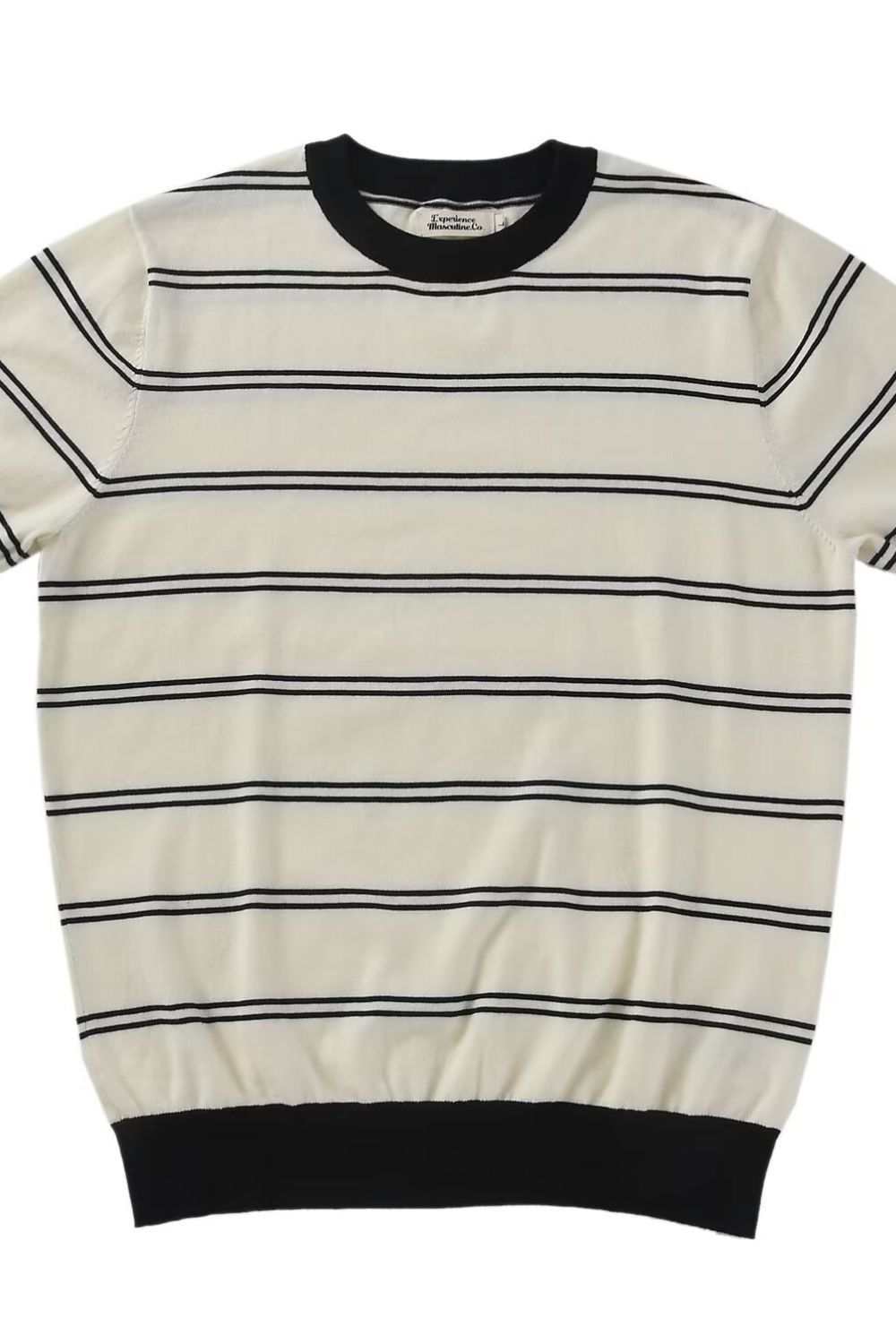 Men's plus size round neck striped T-shirt, moderate stretch, polyester-cotton blend.