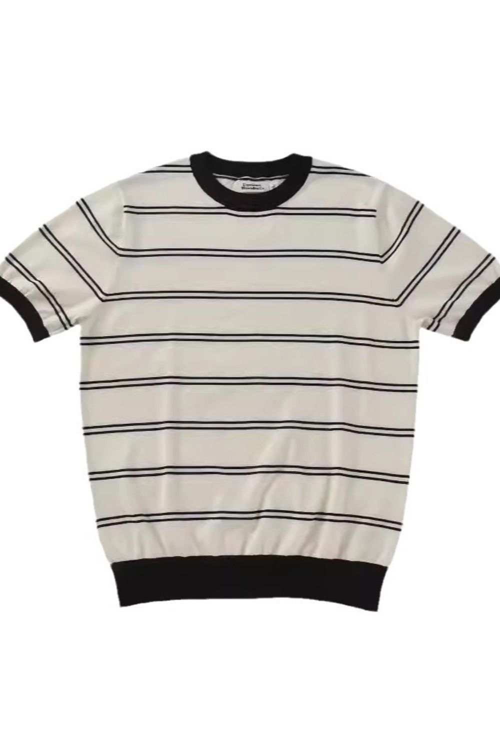Men's plus size round neck striped T-shirt, moderate stretch, polyester-cotton blend.