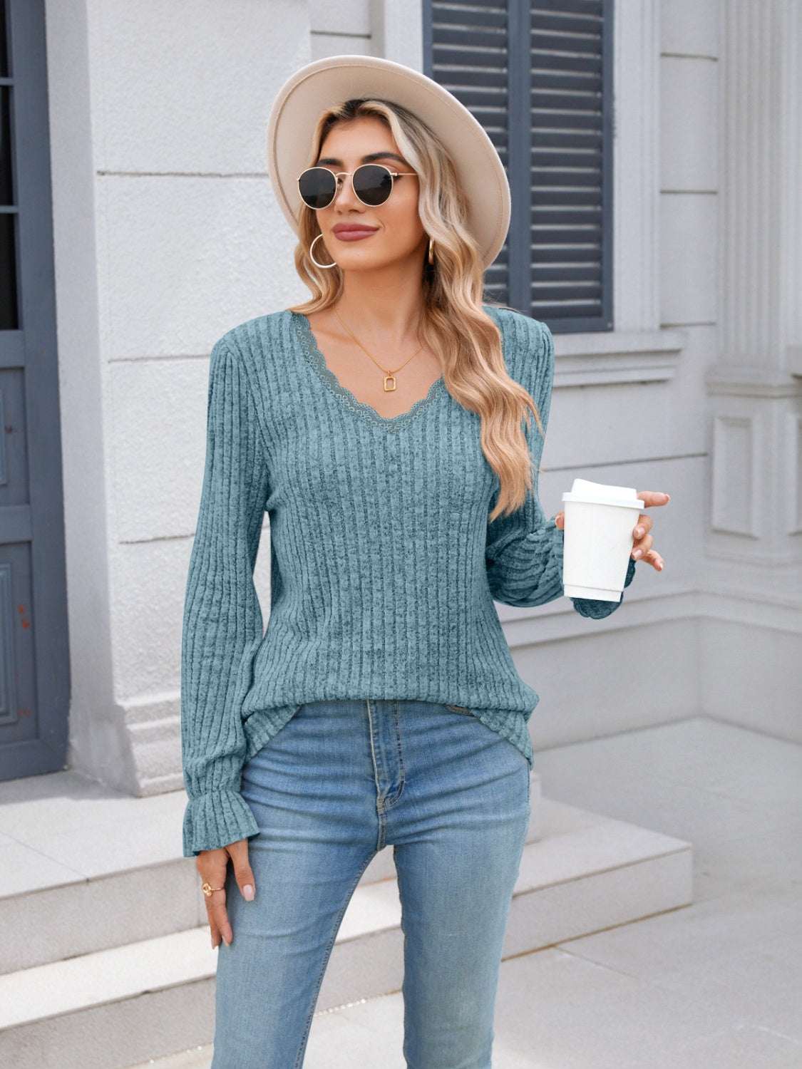 Lace Detail V-Neck Long Sleeve T-Shirt with Ruffles, Slight Stretch, and Sheer Design in Blue.