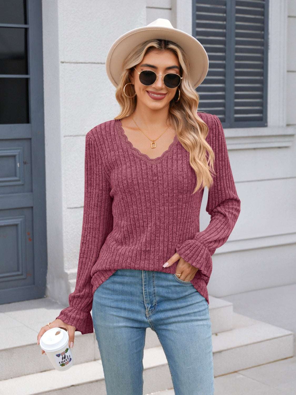 Lace detail V-neck long sleeve T-shirt, ruffled design, slightly stretchy polyester.