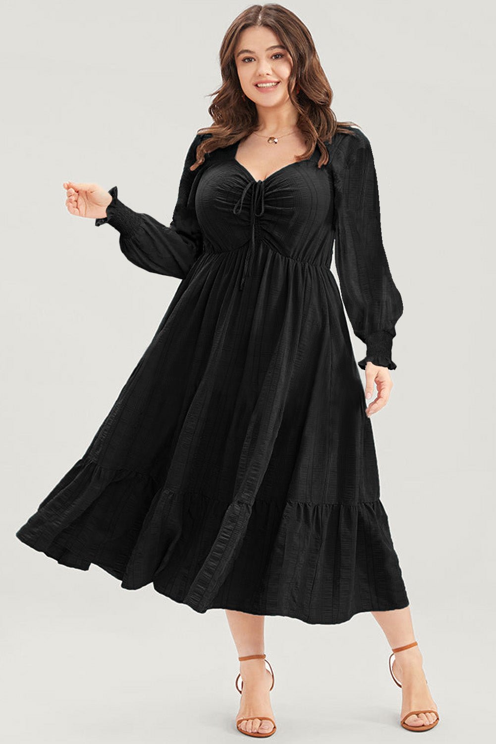 Pink Lace-up Ruched Front Long Sleeve Ruffle Hem Plus Size Midi Dress