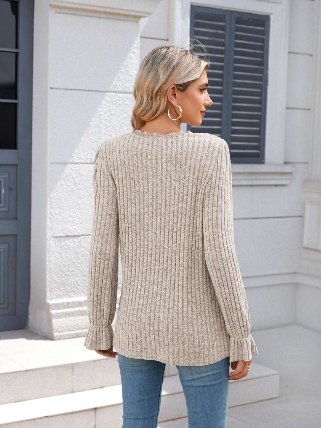 Lace Detail V-Neck Long Sleeve T-Shirt, beige color, ruffled cuffs.