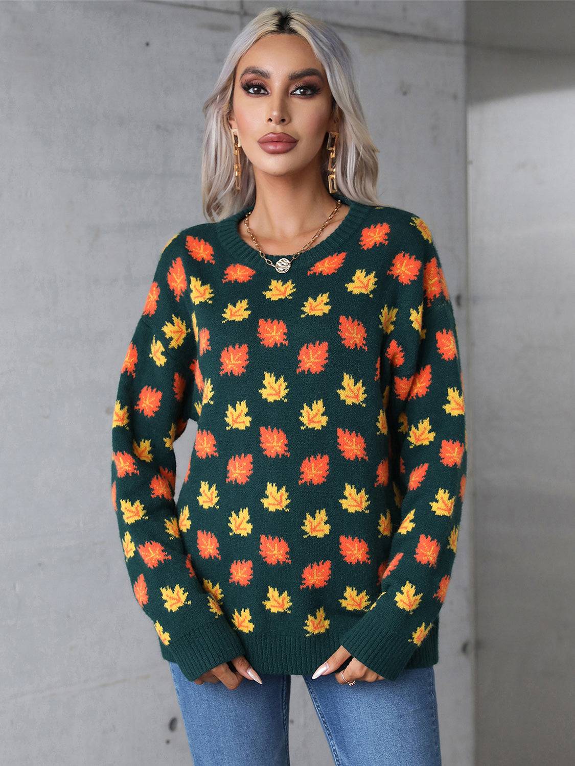 Angel Wings Maple Leaf round neck long sleeve sweater with colorful leaf pattern.
