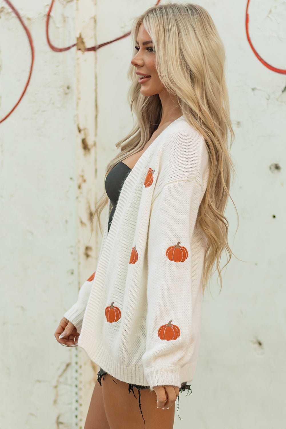 Straw Yellow Pumpkin Tree Print Open Front Drop Shoulder Midi Cardigan