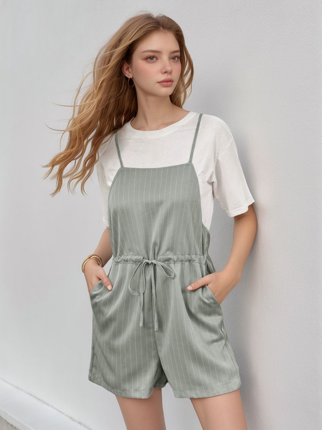 Perfee Drawstring Waist Striped Overalls with Pockets - Securing Secrets Boutique LLC