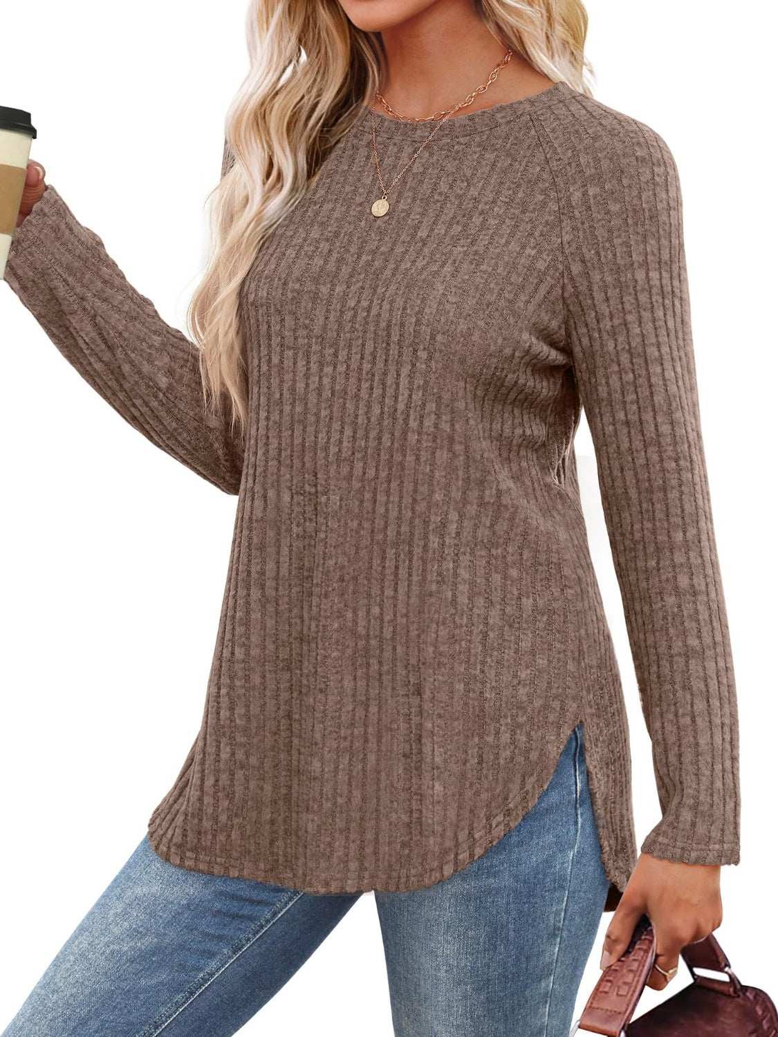 Round neck raglan sleeve t-shirt with slit, slightly stretchy, rayon-polyester blend.