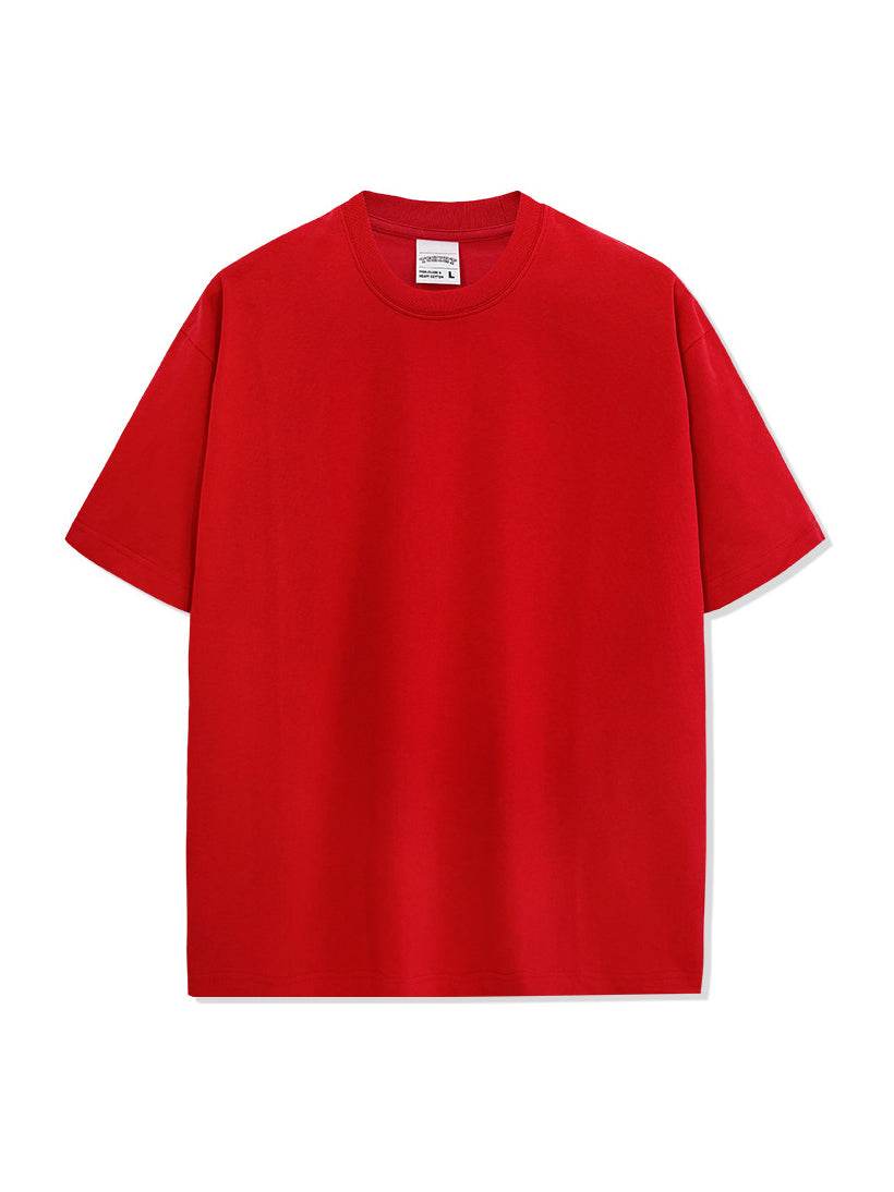 Men's round neck short sleeve red t-shirt in cotton-polyester blend.