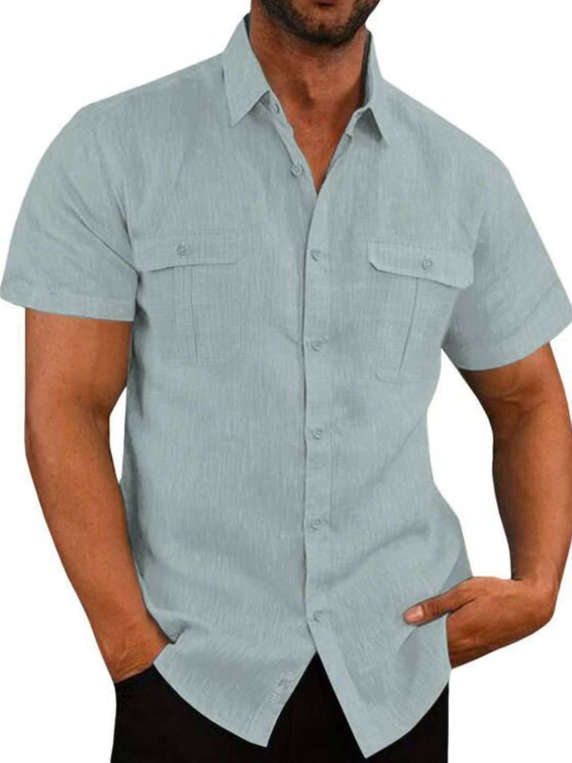 Men's plus size collared neck short sleeve shirt, basic style, pocketed, buttoned, flax and cotton blend.