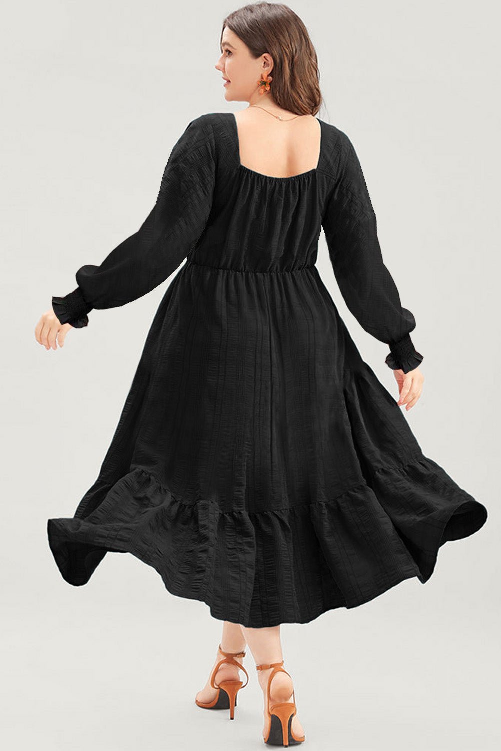 Pink Lace-up Ruched Front Long Sleeve Ruffle Hem Plus Size Midi Dress