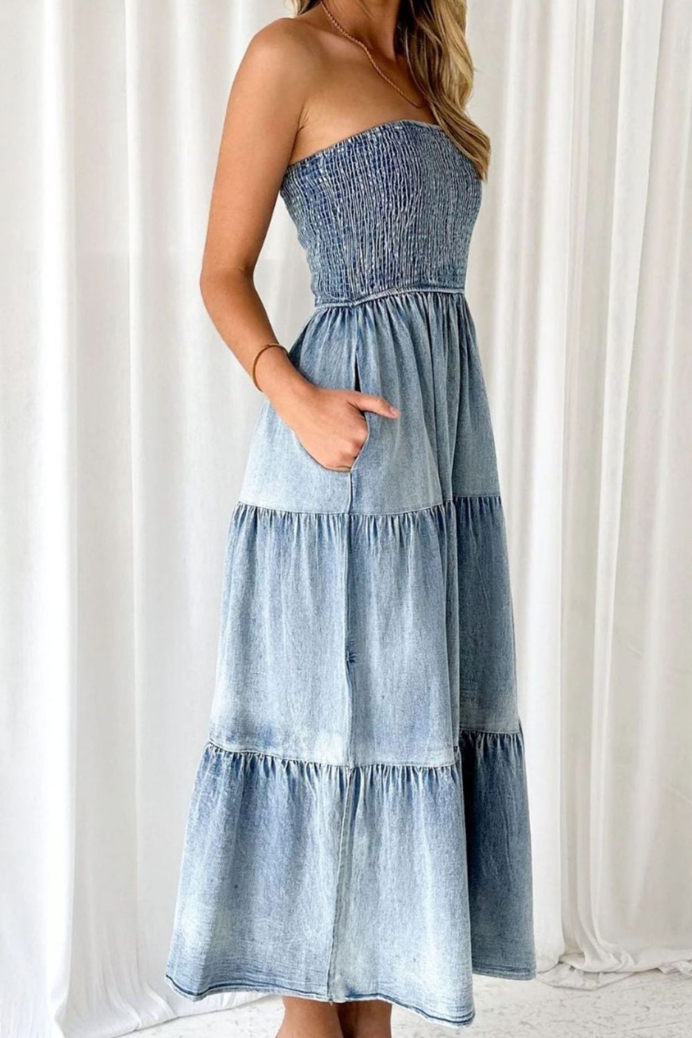 Smocked Tube Slit Tiered Denim Dress - Securing Secrets Boutique LLC