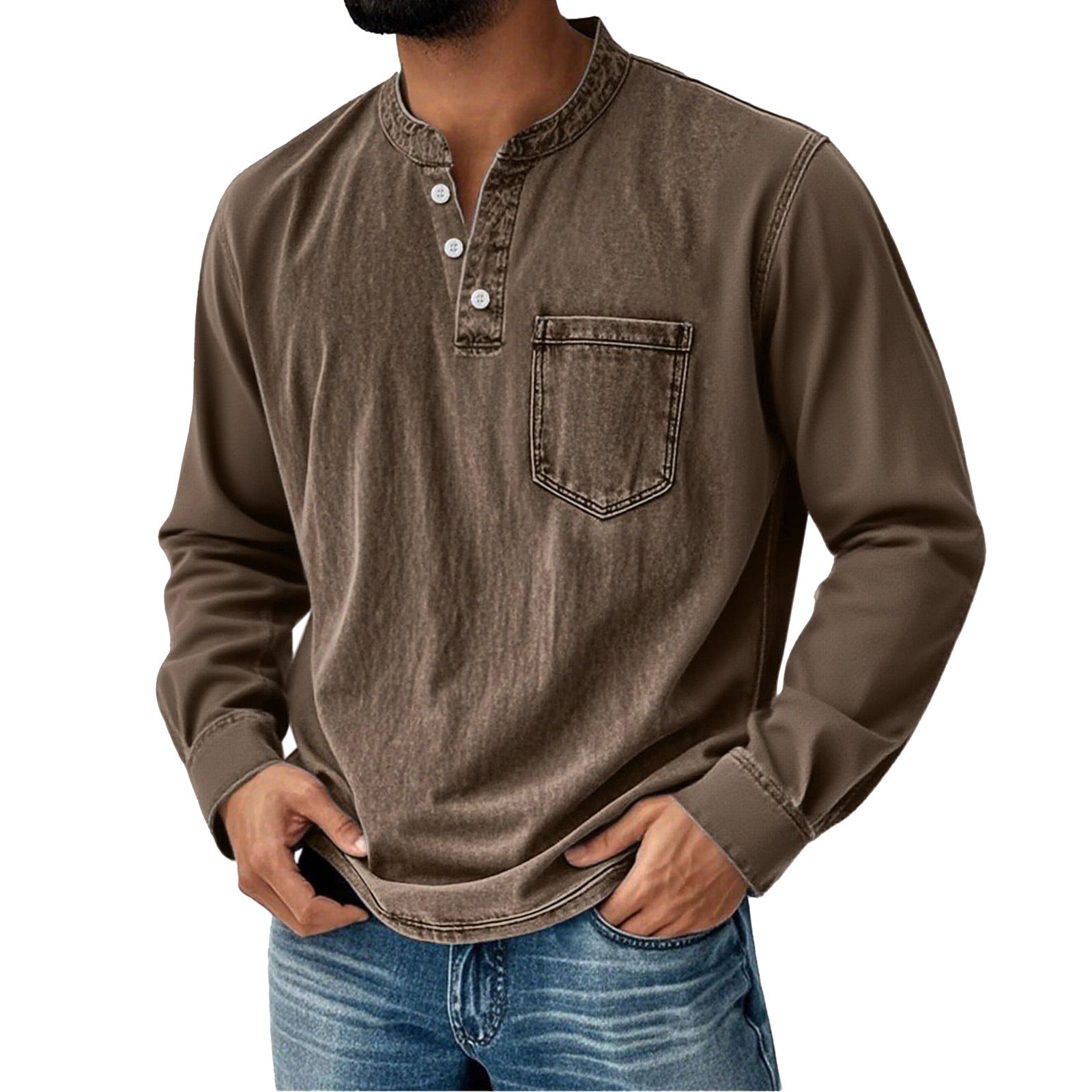 Printed Three-button Long-sleeve T-shirt For Young Men Casual