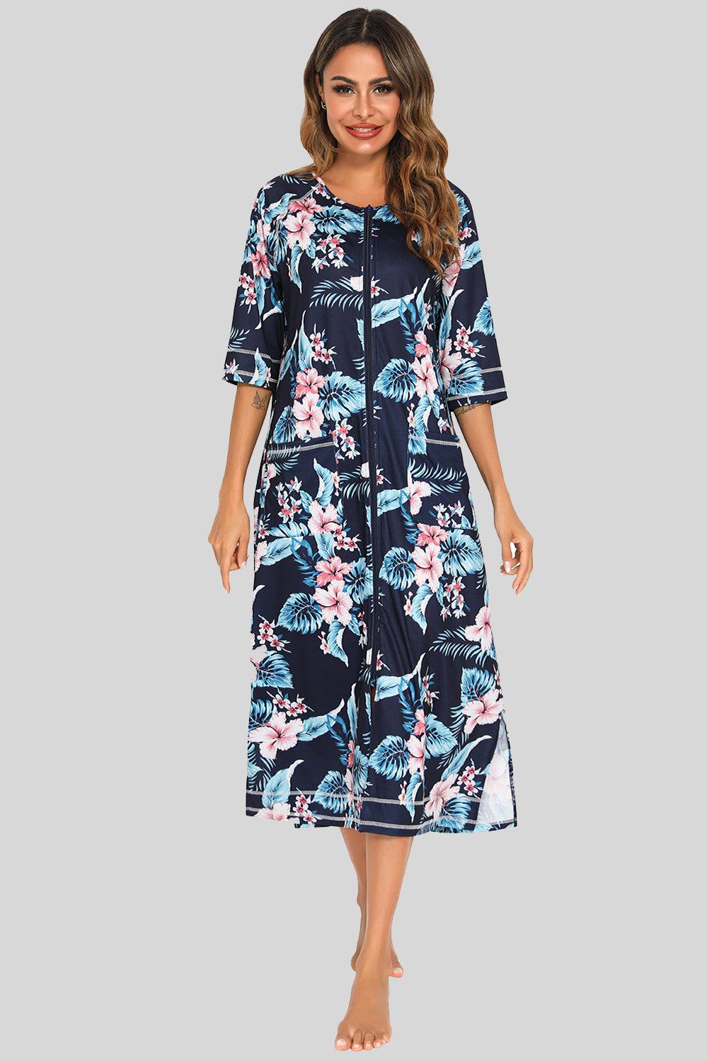 Printed slit night dress with floral design and pockets.