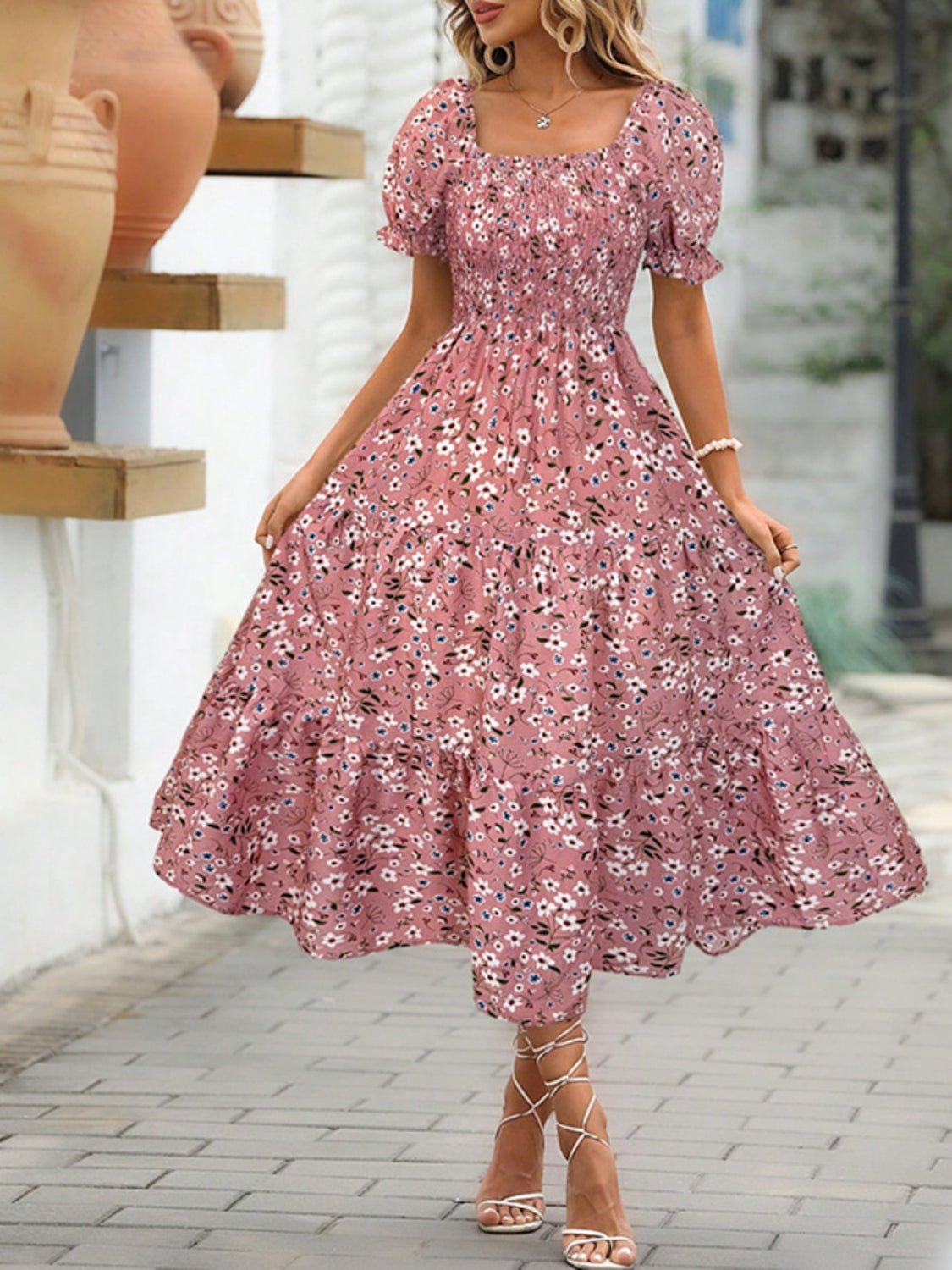 Floral Square Neck Short Sleeve Tiered Dress - Securing Secrets Boutique LLC