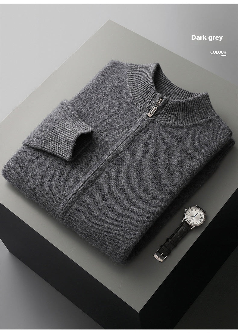 Wool Cardigan Men's Stand Collar Zipper Knitted Sweater Coat Warm And Loose Cashmere Pants Men