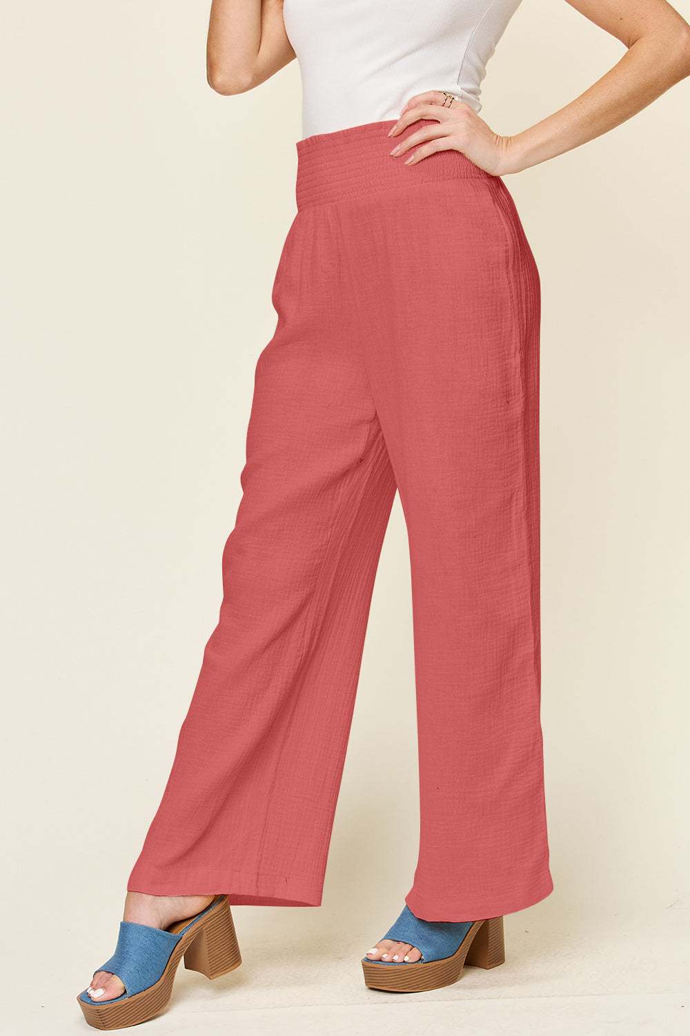 Double Take Full Size Smocked Waist Wide Leg Pants in rose color.