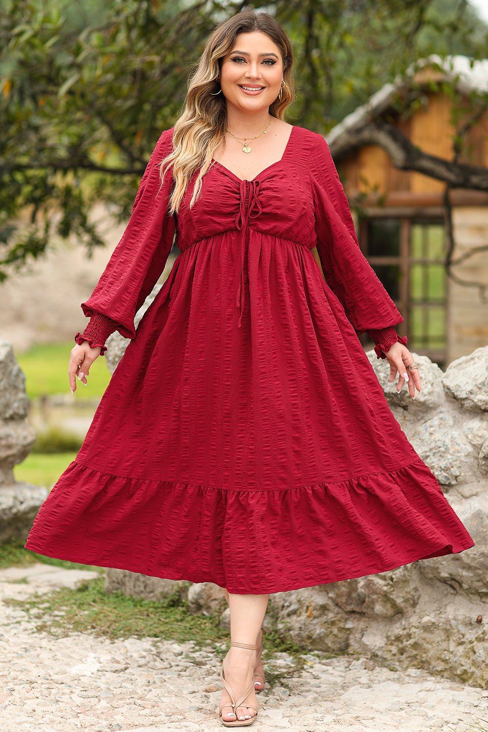 Pink Lace-up Ruched Front Long Sleeve Ruffle Hem Plus Size Midi Dress