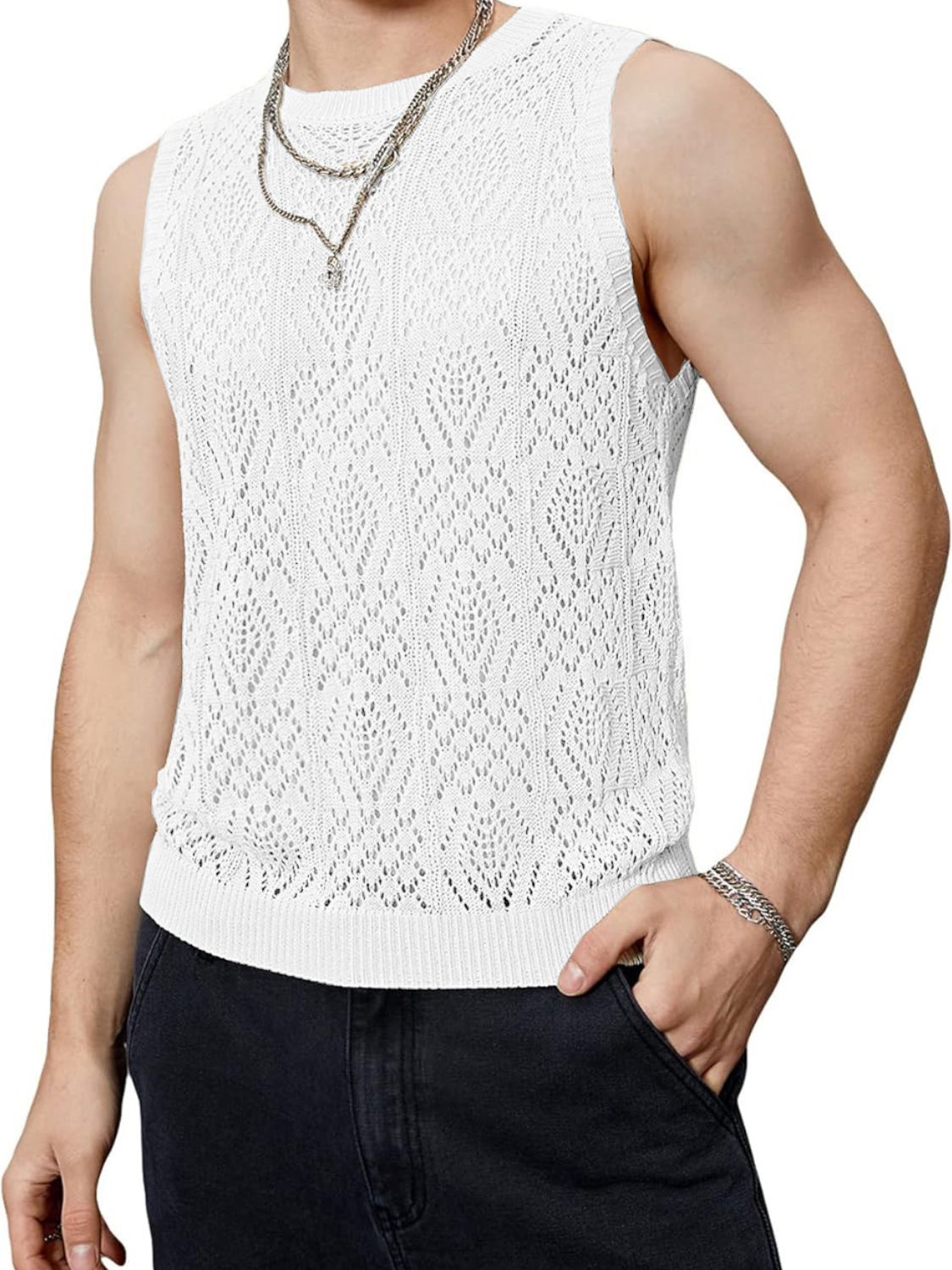 Men's Openwork Round Neck Tank - Securing Secrets Boutique LLC