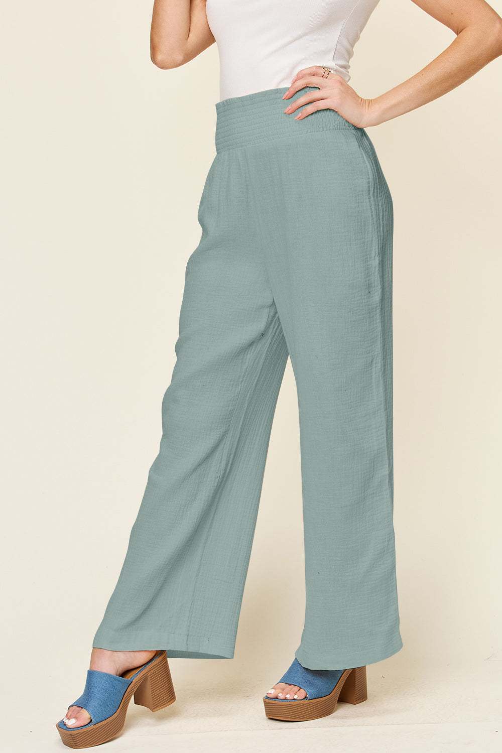 Double Take full-size texture smocked waist wide-leg pants in green.