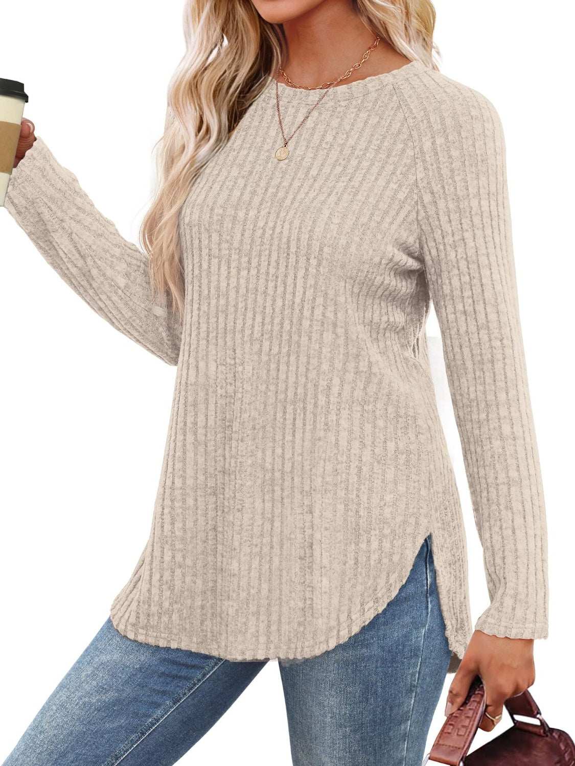 Round neck raglan sleeve t-shirt with slit, slightly stretchy, rayon-polyester blend.
