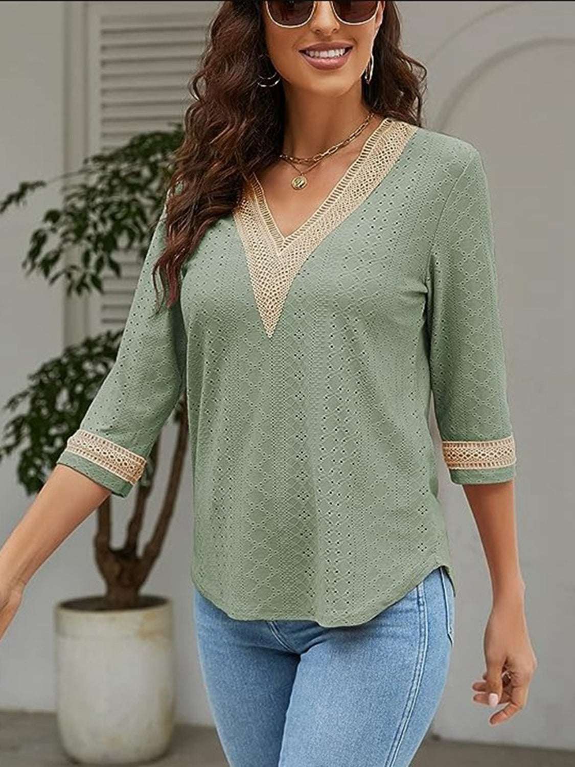 V-Neck Eyelet Blouse in green, polyester, with no stretch, featuring a basic style and opaque finish.