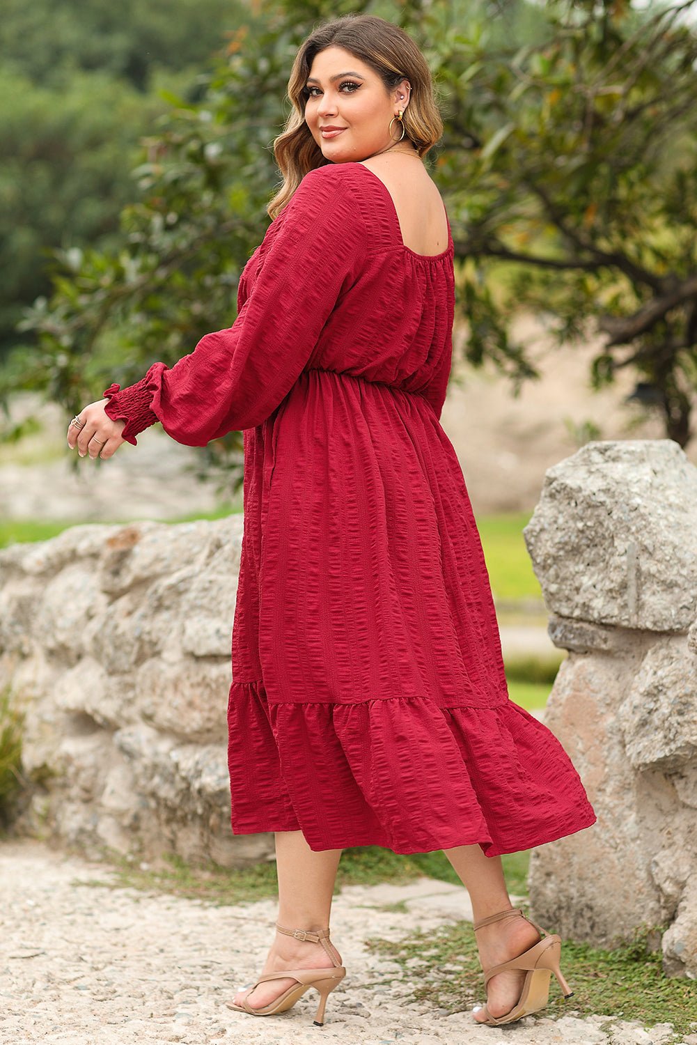 Pink Lace-up Ruched Front Long Sleeve Ruffle Hem Plus Size Midi Dress