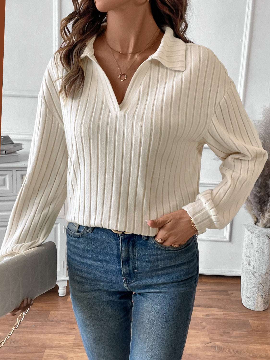 Ribbed Johnny Collar Long Sleeve T-Shirt in white, featuring moderate stretch and basic style, worn with jeans.