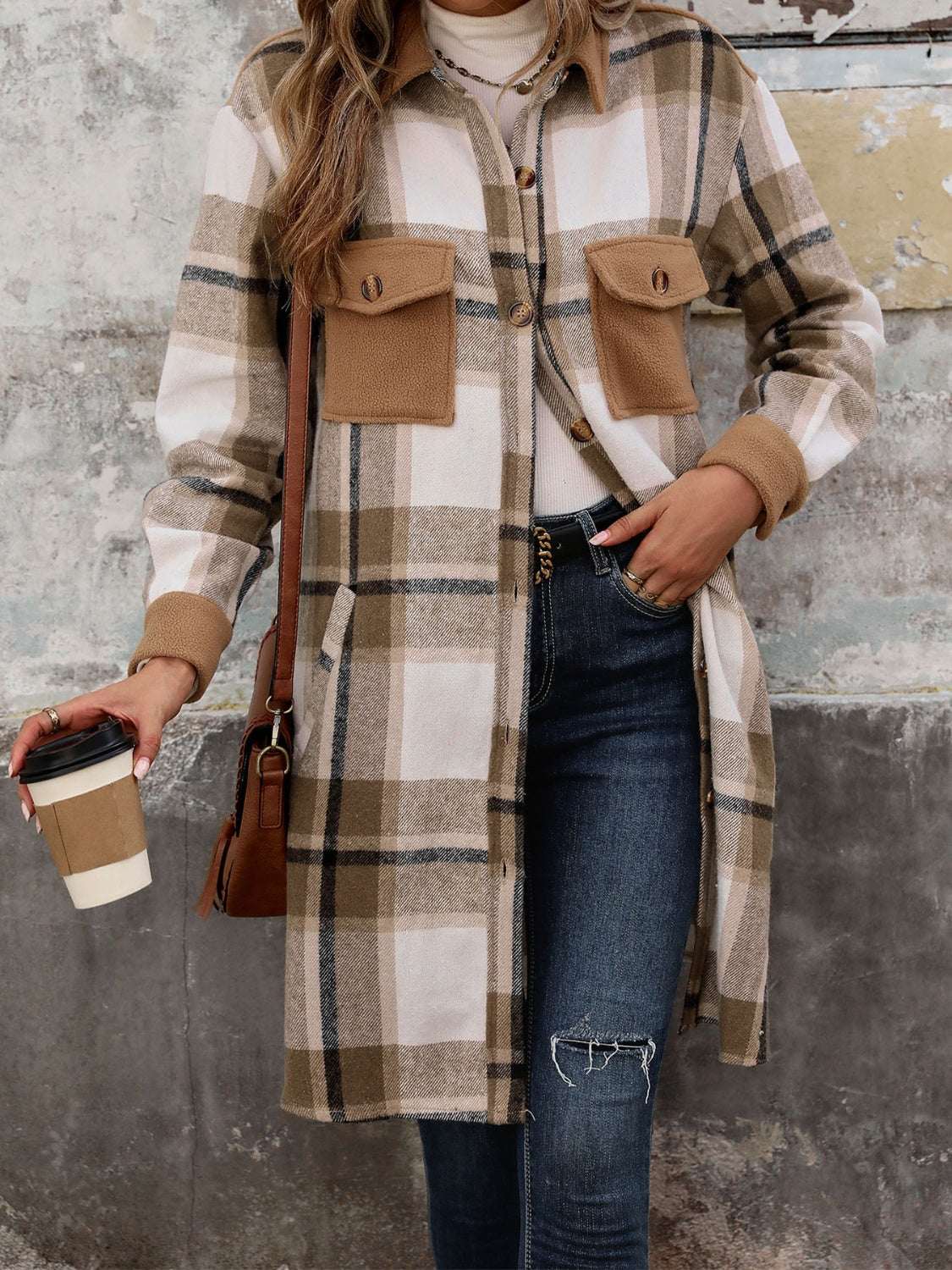 Perfee Plaid Button Up Long Sleeve Coat, buttoned and pocketed design, polyester-viscose blend.
