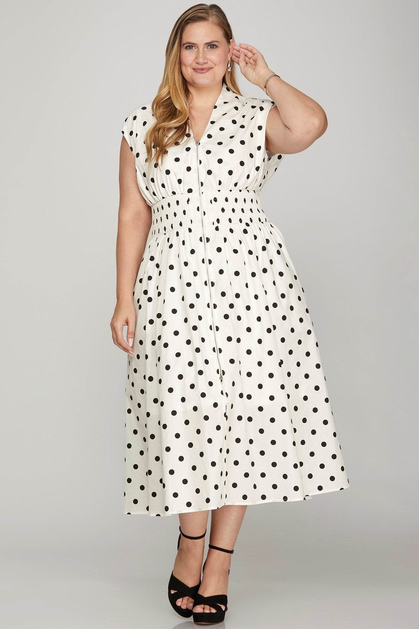 She + Sky Front Zip Polka Dots Cap Sleeve Midi Dress - Securing Secrets Boutique LLC