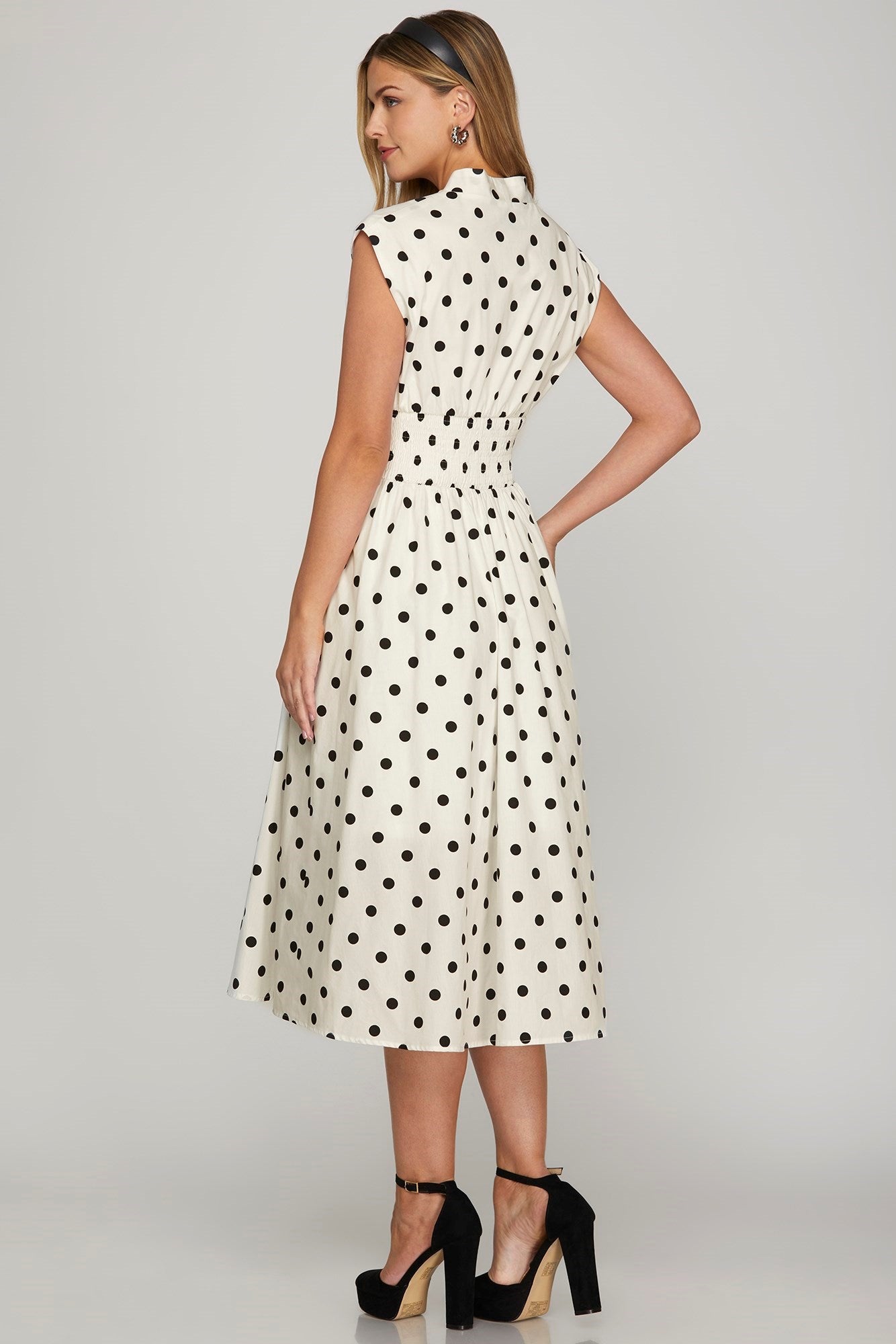 She + Sky Front Zip Polka Dots Cap Sleeve Midi Dress - Securing Secrets Boutique LLC